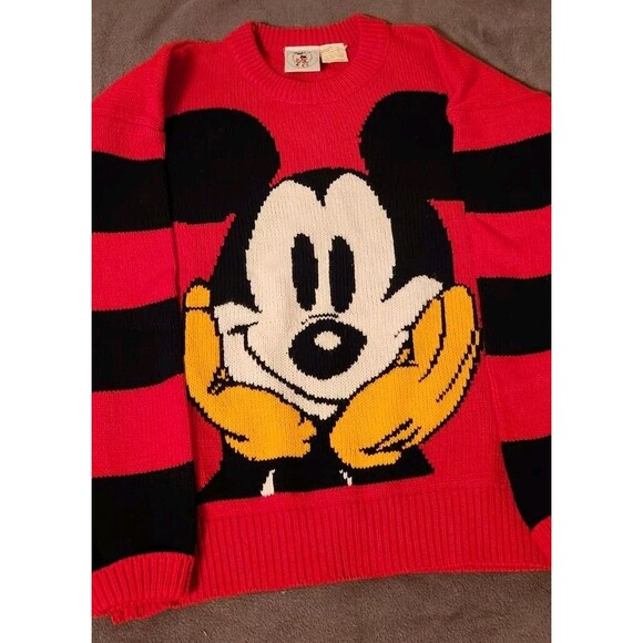 Vtg Mickey & Co Crew Neck Sweater Disney Mickey Mouse Face Red Black Stripe MED - Picture 1 of 6